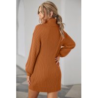 Brown Turtleneck Balloon Sleeve Sweater Dress