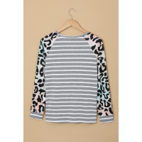 Gray Ombre Leopard Print Stripe Splice Long Sleeve Top