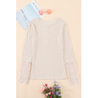 Beige Crochet Lace Hem Sleeve Button Top