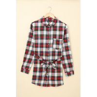 Red Plaid Buttoned Shirt Mini Dress with Waist Tie