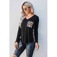 Black Leopard Patch Pocket Long Sleeve Top