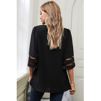 Black V Lace Neckline 3/4 Bell Mesh Sleeves Blouse