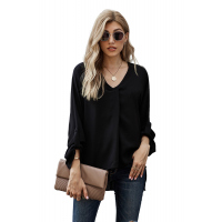 Black V Neck 3/4 Sleeve High Low Hem Shirt