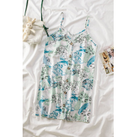 Sky Blue Floral Pattern Buttoned Slip Cami Dress