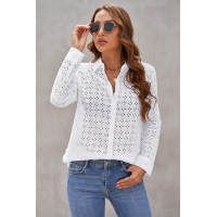 White Long Sleeve Eyelet Floral Pattern Hollow-out Shirt