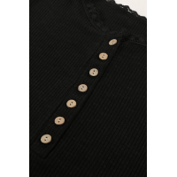 Black Buttoned Ribbed Knit Short Sleeve Top