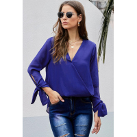 Blue V Neck Ruched Tie Sleeve Top