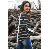 Black Striped Long Sleeve Top with Lace Button Detail