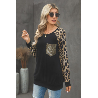 Leopard Round Neck Sequin Long Sleeve Top