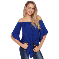 Blue Off The Shoulder Knot Front Top