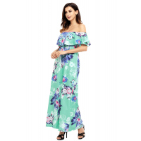 Flower Print Mint Grounding Off Shoulder Long Boho Dress