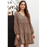 Brown Leopard Ruffle V-Neck Flowy Loose Tunic Dress