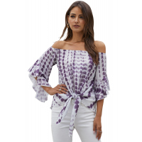 Purple Tie Dye Plaid Off Shoulder Blouse