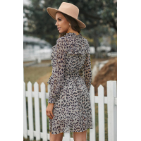 Leopard Ruffled Zipper Lantern Sleeve Mini Dress