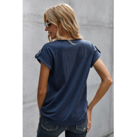 Blue Buttoned Detail Cotton Blend Short Sleeve T-shirt