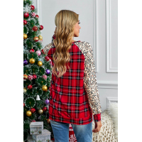 Red O-Neck Leopard Sleeve Plaid Splicing Blouse