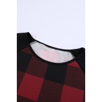 Red Plaid Long Sleeve Top with Elbow Patch