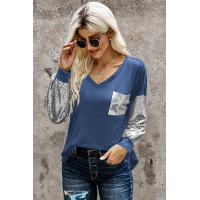 Sequin Splicing Blue V Neck Bishop Sleeves Top