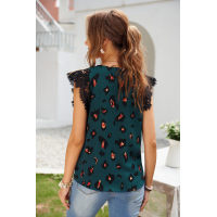 Green Print Lace Shoulder Tank Top