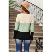 V-neck Color Block Button Waffle Knit Pullover