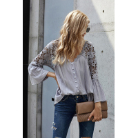 Gray Crochet Lace Button Top