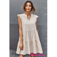 Beige Short Ruffled Sleeve V Neck Tiered Gathered Dress