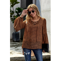 Brown Lantern Sleeve Lace Up Blouse 