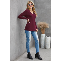 Wine V-neck Button Solid Color Long Sleeve Top