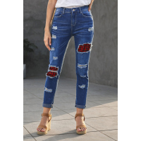 Sky Blue Plaid Patchwork Hollow Out Ripped Jeans