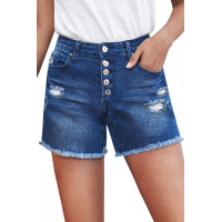 Blue Frayed Hem Single-breasted Ripped Denim Shorts