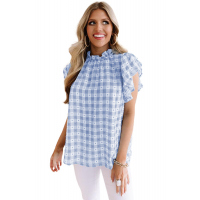 Light Blue Plaid Ruffled Short Sleeves Tee