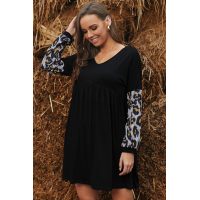 Leopard Splicing Ruffled V-neck Long Sleeve Mini Dress