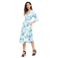 Light Blue 3/4 Bell Sleeve Floral Midi Dress