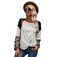 Leopard Long Sleeve Waffle Knit Black Blouse with Twist Knot