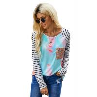 Sequin Pocket Tie-dye Panel Striped Sleeve Top