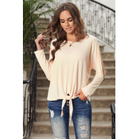 Apricot Waffle Knit Front Tie Cold Shoulder Long Sleeve Top