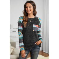 Gray Aztec Print Pocket Long Sleeve Top