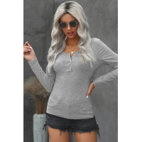 Gray Scoop Neck Buttoned Front Long Sleeve Knitted Top