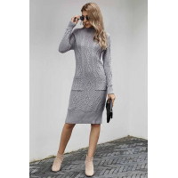 Gray High Neck Textured Bodycon Sweater Dress