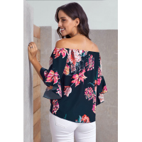 Blue Off Shoulder Floral Tie Front High Low Chiffon Blouse