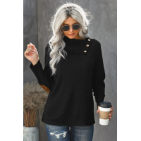 Black Buttoned Neck Knit Long Sleeves Top