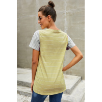 Yellow Striped Short Sleeve Contrast Color T-Shirt with Pocket