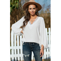 White Lace V Neck Balloon Sleeves Top