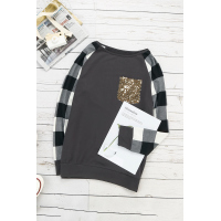 Plaid Splicing Sequined Pocket Long Sleeve Top