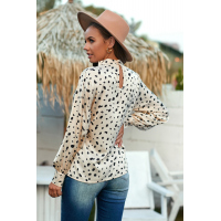 Beige Mock Neck Lantern Sleeve Fashion Print Blouse