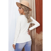 White V Neck Ribbed Textured Pleated Top with Buttoned Long Sleeves