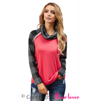 Red Cowl Neck Plaid Splice Casual Long Sleeve Top