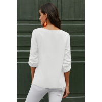 White Button Detail Roll Up Sleeve Blouse