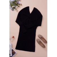 Black Wrap V Neck Batwing Sleeves Ribbed Sweater Dress