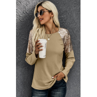 Apricot Sequin Shoulder Long Sleeve Top